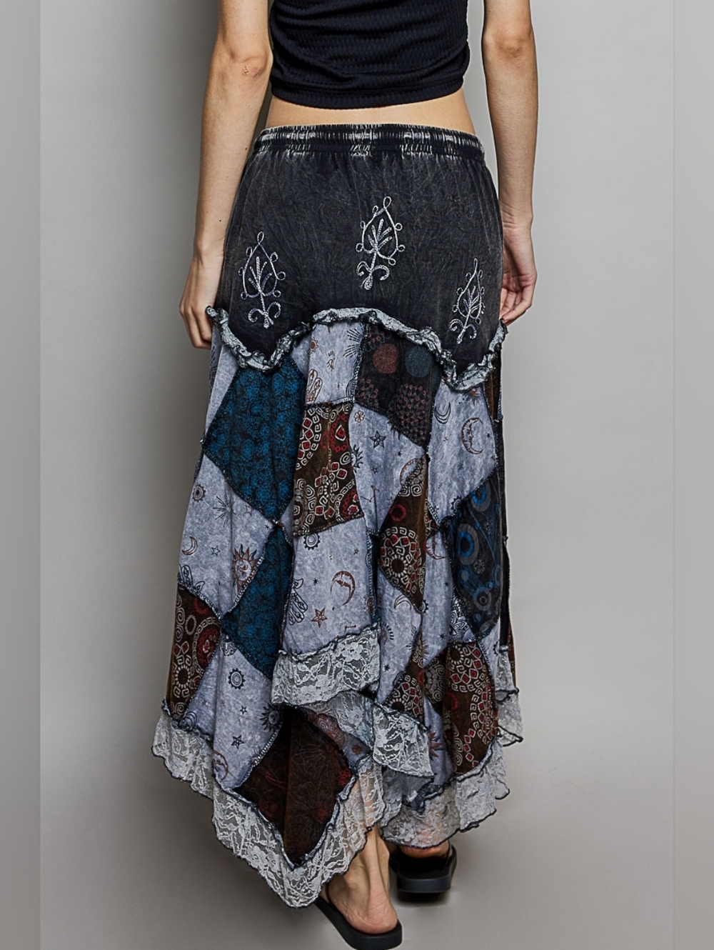 POL 100% Cotton Embroidered Patchwork Handkerchief Hem Lace Trim Maxi Skirt - Picture 16 of 16